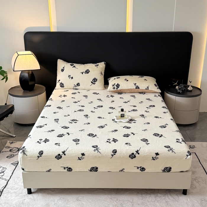 91家纺网 家纺一手货源 找家纺 小叮当家纺仓储工厂店 2025新款印花兔毛绒高克重单床笠 床笠单件 床笠-暗夜玫瑰