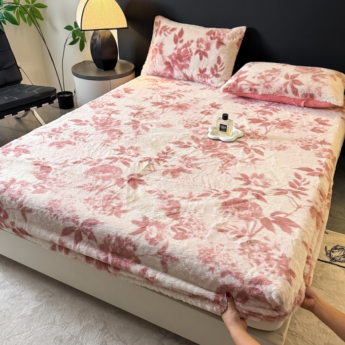 小叮当家纺仓储工厂店 2025新款印花兔毛绒高克重单床笠 床笠单件 床笠-花间粉