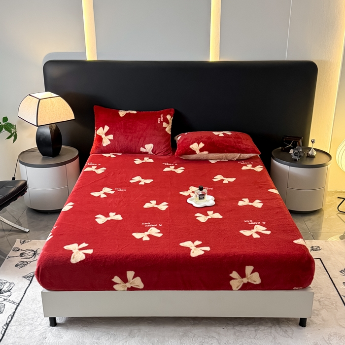 91家纺网 家纺一手货源 找家纺 小叮当家纺仓储工厂店 2025新款印花兔毛绒高克重单床笠 床笠单件 床笠-大红蝴蝶结