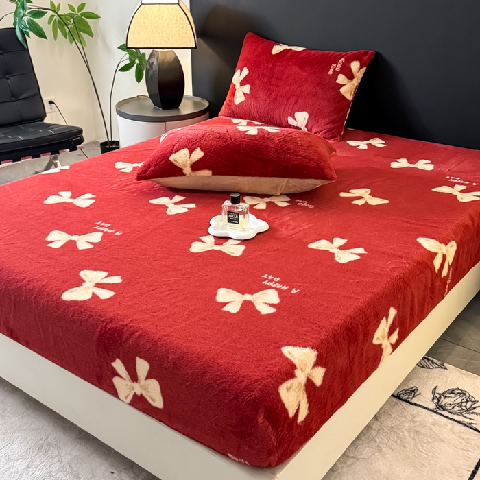 91家纺网 家纺一手货源 找家纺 小叮当家纺仓储工厂店 2025新款印花兔毛绒高克重单床笠 床笠单件 床笠-大红蝴蝶结
