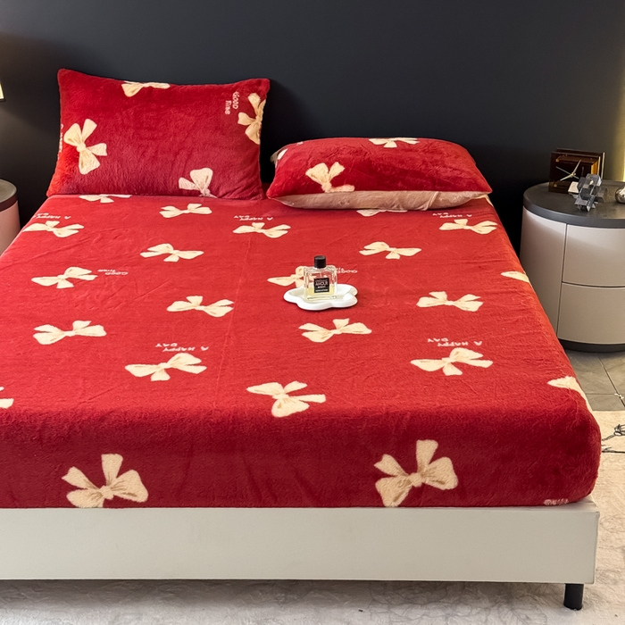 91家纺网 家纺一手货源 找家纺 小叮当家纺仓储工厂店 2025新款印花兔毛绒高克重单床笠 床笠单件 床笠-大红蝴蝶结