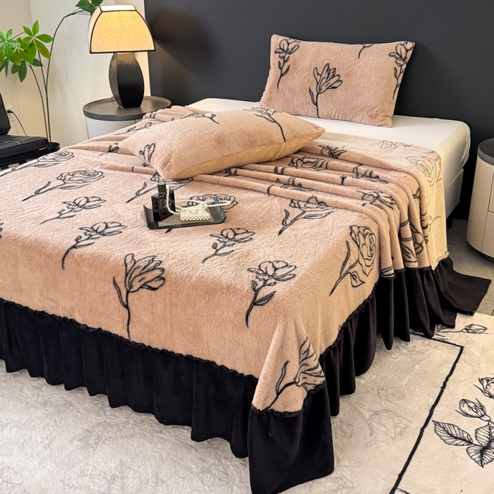 91家纺网 家纺一手货源 找家纺 小叮当家纺仓储工厂店 2025新款美拉德系列兔毛单床裙 床裙单件 床裙-线条玫瑰