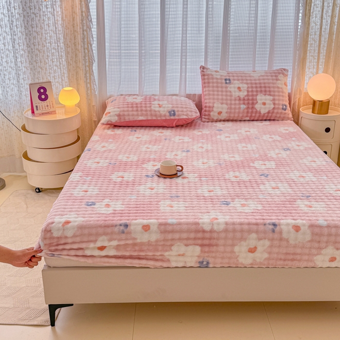 小叮当家纺仓储工厂店 2025新款兔兔绒牛奶绒印花单床笠 床笠单件 床笠-花朵粉