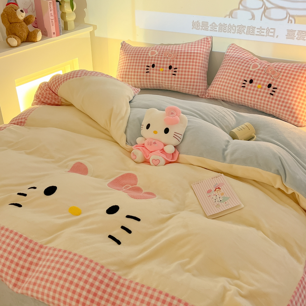 91家纺网 家纺一手货源 找家纺 （总）子钦家纺 2025新款加厚牛奶绒可爱猫咪毛巾绣床单床笠四件套-可爱猫咪