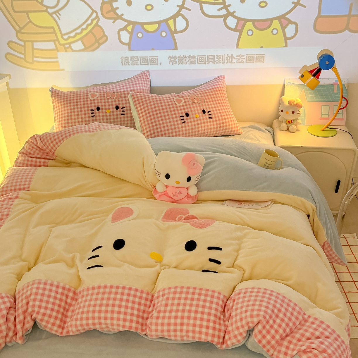 91家纺网 家纺一手货源 找家纺 （总）子钦家纺 2025新款加厚牛奶绒可爱猫咪毛巾绣床单床笠四件套-可爱猫咪