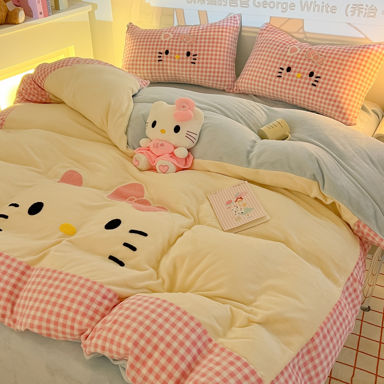 91家纺网 家纺一手货源 找家纺 子钦家纺 2025新款加厚牛奶绒可爱猫咪毛巾绣床单床笠四件套-可爱猫咪 可爱猫咪-粉格