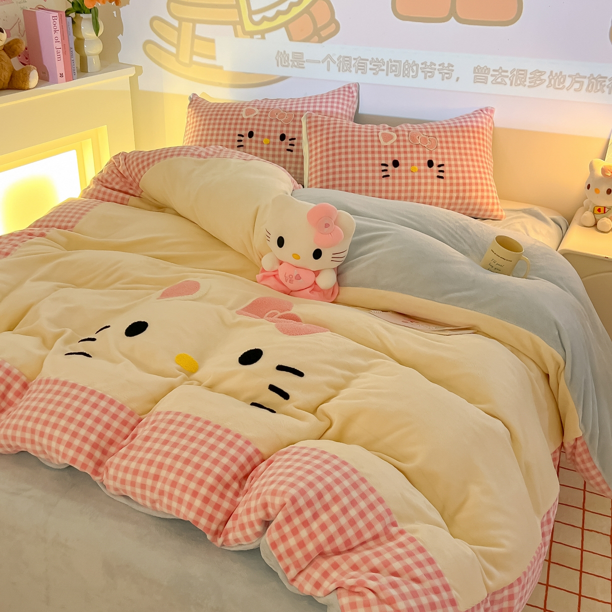 91家纺网 家纺一手货源 找家纺 子钦家纺 2025新款加厚牛奶绒可爱猫咪毛巾绣床单床笠四件套-可爱猫咪 可爱猫咪-粉格