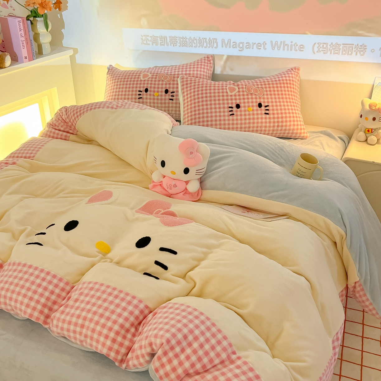 91家纺网 家纺一手货源 找家纺 子钦家纺 2025新款加厚牛奶绒可爱猫咪毛巾绣床单床笠四件套-可爱猫咪 可爱猫咪-粉格