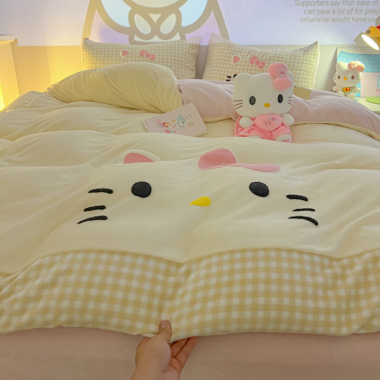 91家纺网 家纺一手货源 找家纺 子钦家纺 2025新款加厚牛奶绒可爱猫咪毛巾绣床单床笠四件套-可爱猫咪 可爱猫咪-咖格