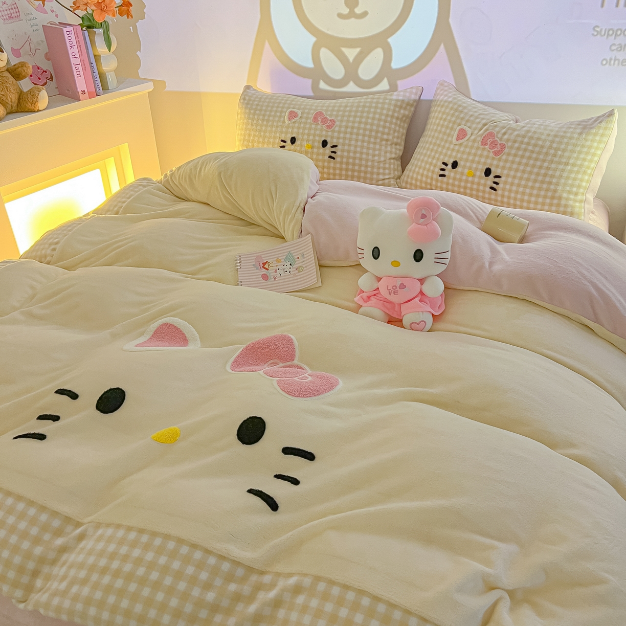 91家纺网 家纺一手货源 找家纺 子钦家纺 2025新款加厚牛奶绒可爱猫咪毛巾绣床单床笠四件套-可爱猫咪 可爱猫咪-咖格