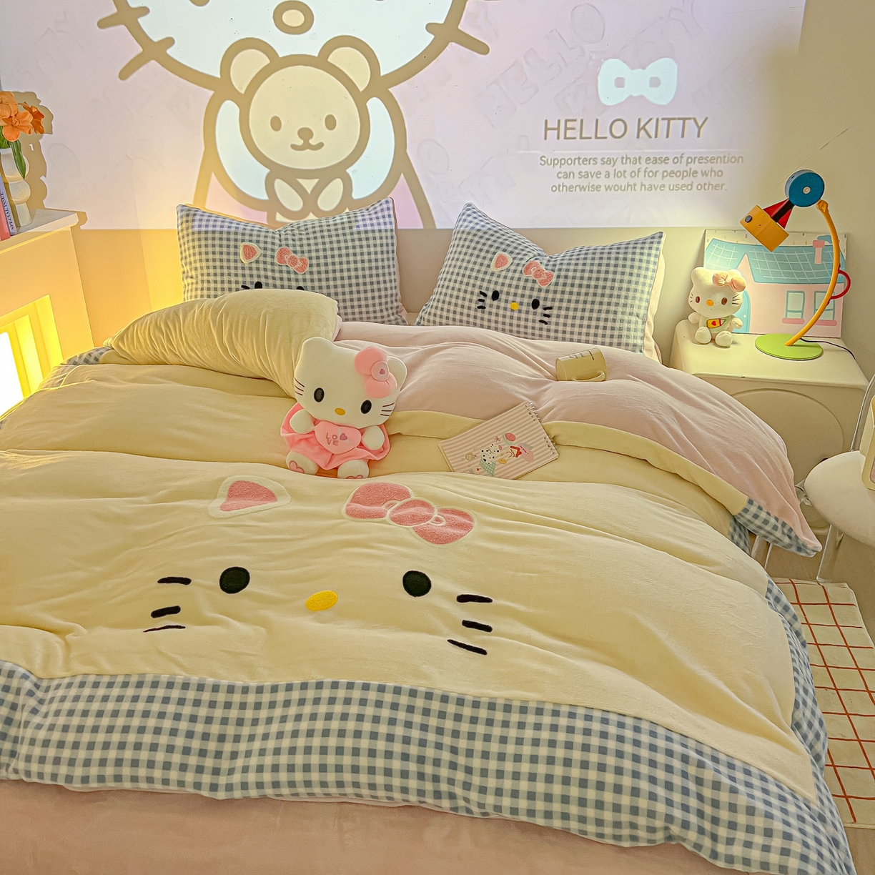 子钦家纺 2025新款加厚牛奶绒可爱猫咪毛巾绣床单床笠四件套-可爱猫咪 可爱猫咪-蓝格