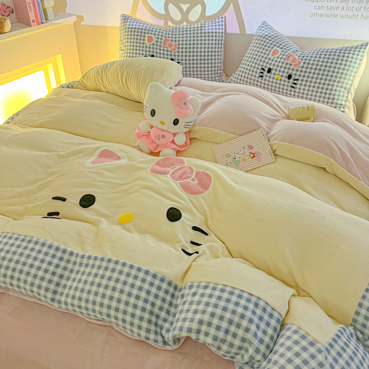 91家纺网 家纺一手货源 找家纺 子钦家纺 2025新款加厚牛奶绒可爱猫咪毛巾绣床单床笠四件套-可爱猫咪 可爱猫咪-蓝格