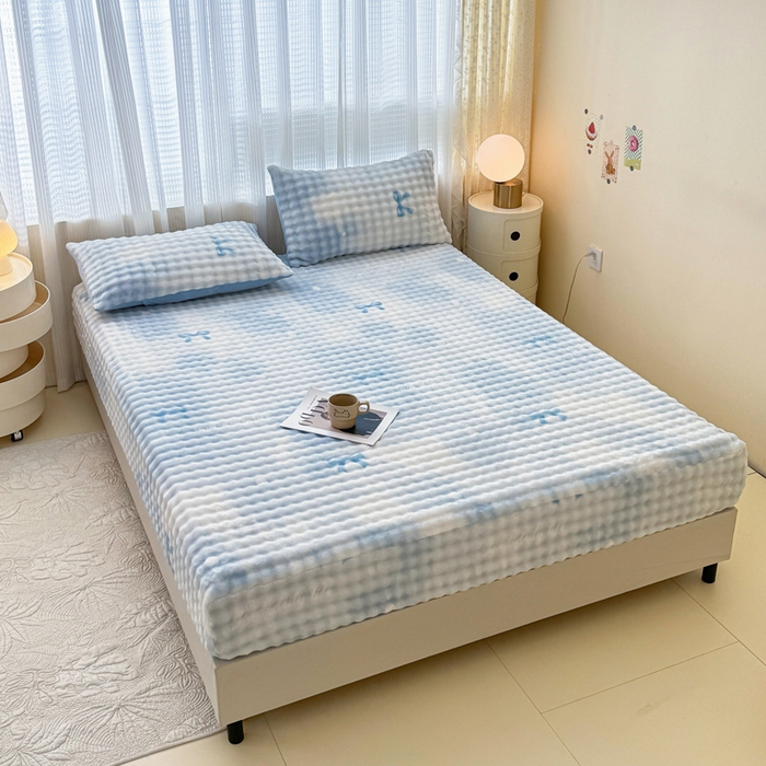 91家纺网 家纺一手货源 找家纺 小叮当家纺仓储工厂店 2025新款兔兔绒牛奶绒印花单床笠 床笠单件 床笠-蝴蝶结蓝色