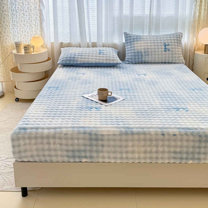 91家纺网 家纺一手货源 找家纺 小叮当家纺仓储工厂店 2025新款兔兔绒牛奶绒印花单床笠 床笠单件 床笠-蝴蝶结蓝色