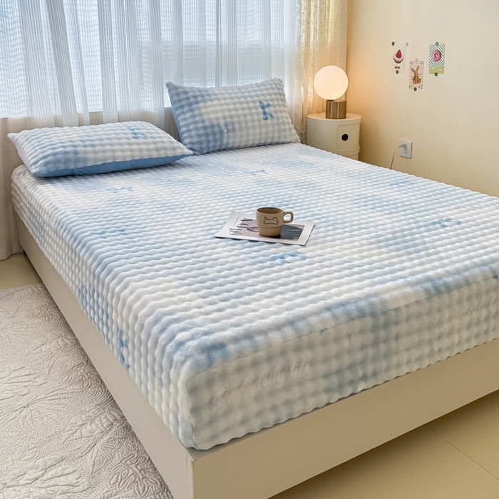 91家纺网 家纺一手货源 找家纺 小叮当家纺仓储工厂店 2025新款兔兔绒牛奶绒印花单床笠 床笠单件 床笠-蝴蝶结蓝色