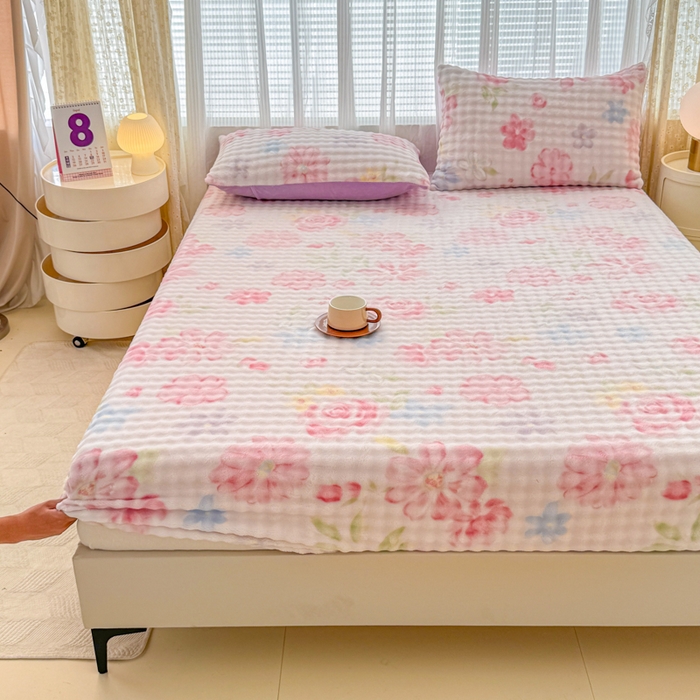 小叮当家纺仓储工厂店 2025新款兔兔绒牛奶绒印花单床笠 床笠单件 床笠-花语