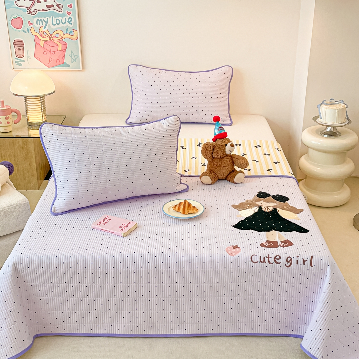 91家纺网 家纺一手货源 找家纺 （总）桃心家居 2025新款ins小清新刺绣贴布绣卡通云柔水洗棉多功能床盖三件套