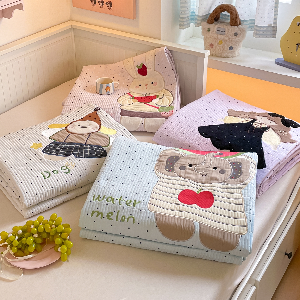 桃心家居 2025新款ins小清新刺绣贴布绣卡通云柔水洗棉多功能床盖三件套 组合图仅供展示不可下单