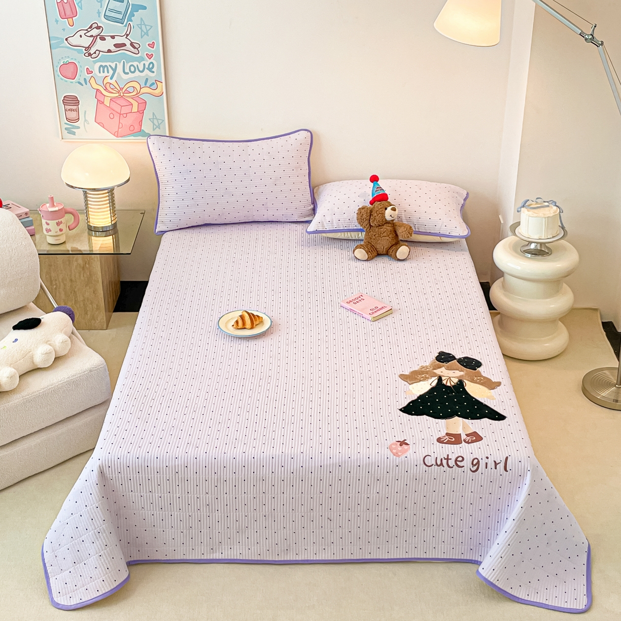 91家纺网 家纺一手货源 找家纺 桃心家居 2025新款ins小清新刺绣贴布绣卡通云柔水洗棉多功能床盖三件套 水洗棉床盖-可爱女孩