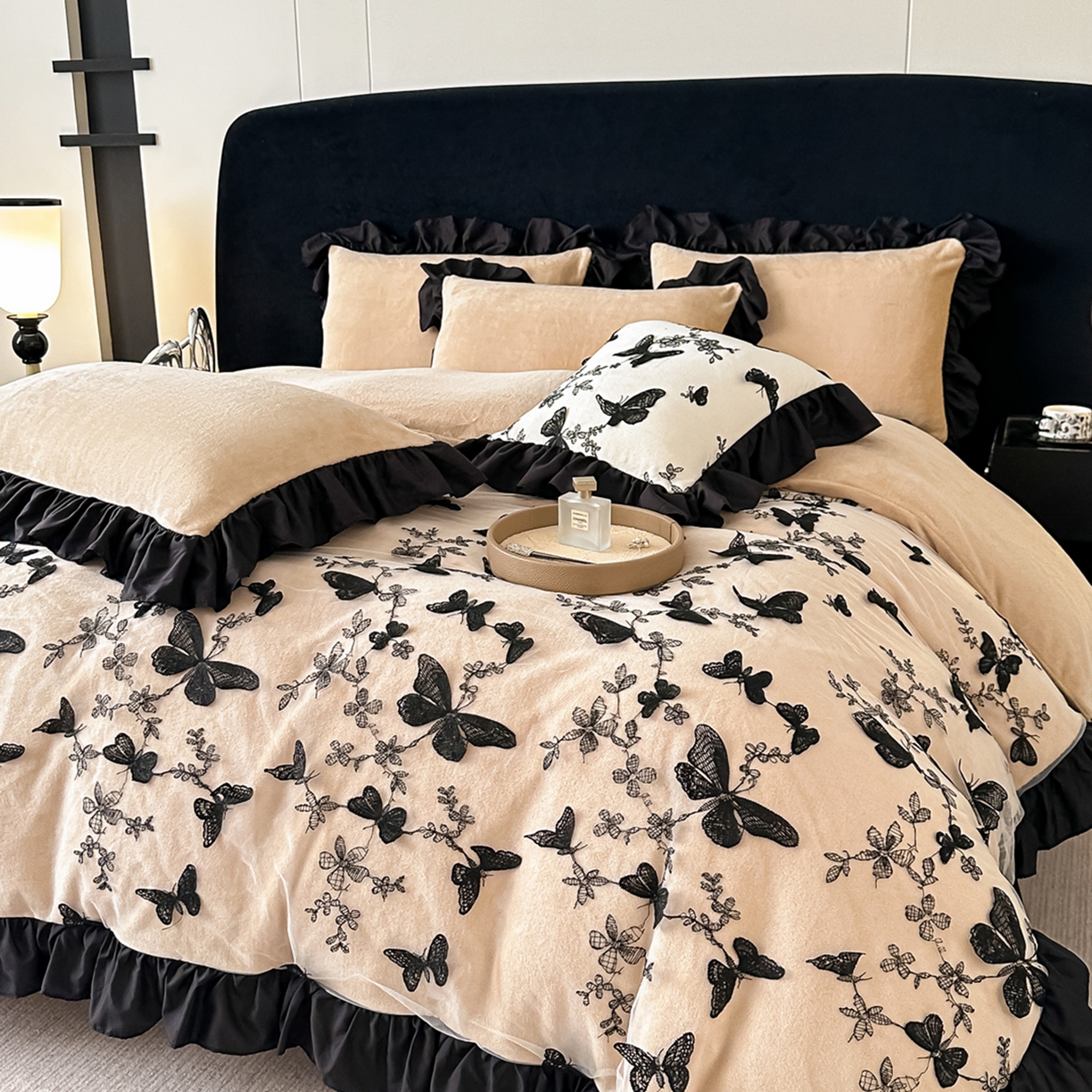 凯美家居 2025新款牛奶绒立体蕾丝刺绣四件套-蝴蝶翩翩 蝴蝶翩翩-卡其