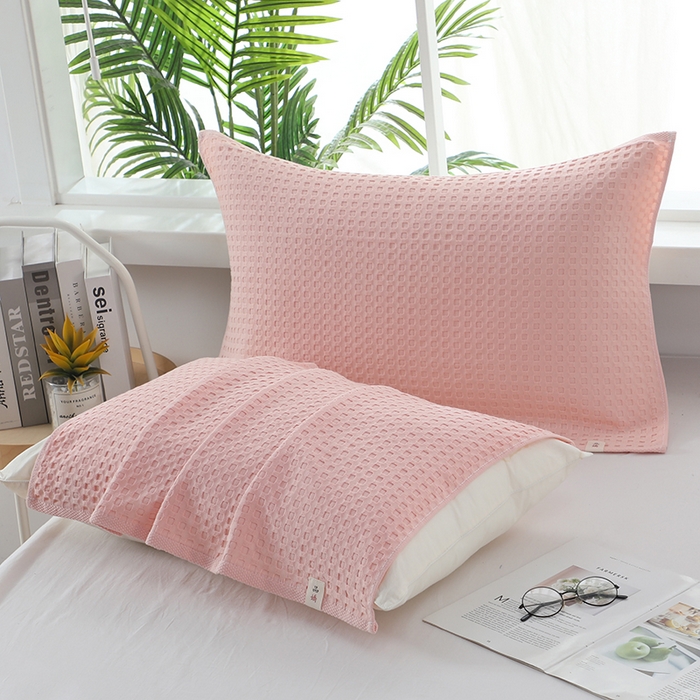 91家纺网 家纺一手货源 找家纺 娇兰毛巾 2025新款7A抗菌全棉华夫格纱布枕巾 粉色 52cm*82cm/对