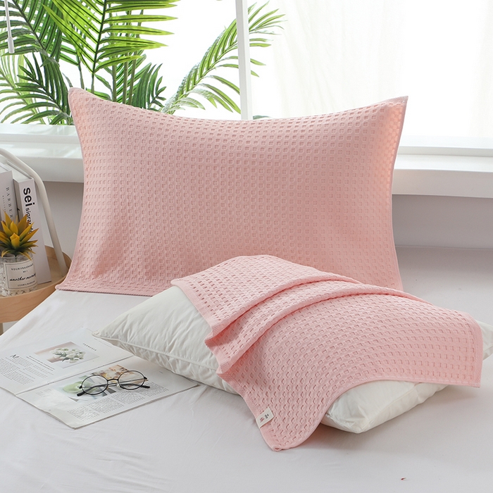 91家纺网 家纺一手货源 找家纺 娇兰毛巾 2025新款7A抗菌全棉华夫格纱布枕巾 粉色 52cm*82cm/条