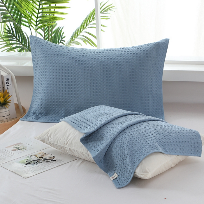 91家纺网 家纺一手货源 找家纺 娇兰毛巾 2025新款7A抗菌全棉华夫格纱布枕巾 蓝色 52cm*82cm/对