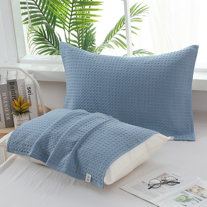 91家纺网 家纺一手货源 找家纺 娇兰毛巾 2025新款7A抗菌全棉华夫格纱布枕巾 蓝色 52cm*82cm/对