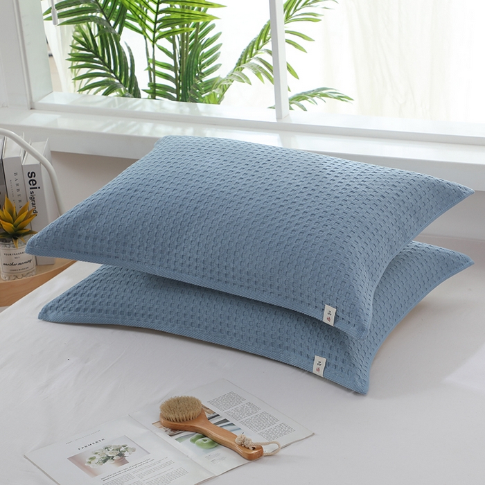 91家纺网 家纺一手货源 找家纺 娇兰毛巾 2025新款7A抗菌全棉华夫格纱布枕巾 蓝色 52cm*82cm/对