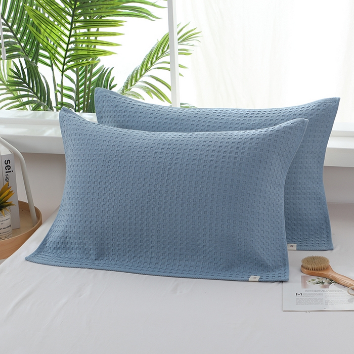 91家纺网 家纺一手货源 找家纺 娇兰毛巾 2025新款7A抗菌全棉华夫格纱布枕巾 蓝色 52cm*82cm/对