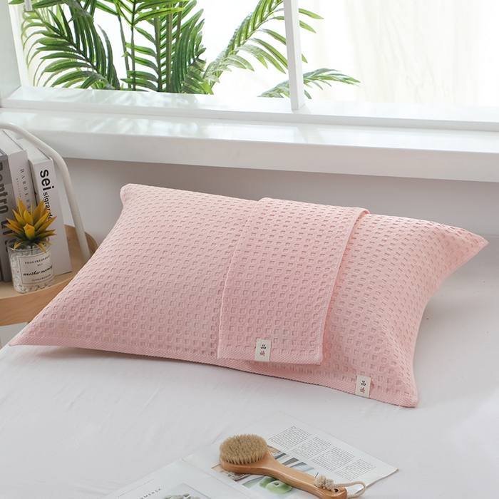 91家纺网 家纺一手货源 找家纺 娇兰毛巾 2025新款7A抗菌全棉华夫格纱布枕巾 粉色 52cm*82cm/条