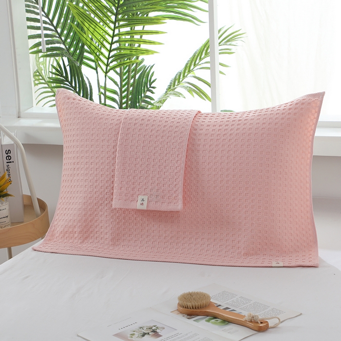 91家纺网 家纺一手货源 找家纺 娇兰毛巾 2025新款7A抗菌全棉华夫格纱布枕巾 粉色 52cm*82cm/条