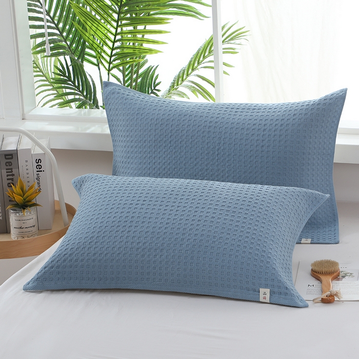 娇兰毛巾 2025新款7A抗菌全棉华夫格纱布枕巾 蓝色 52cm*82cm/对