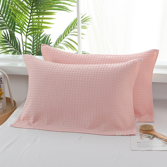 91家纺网 家纺一手货源 找家纺 娇兰毛巾 2025新款7A抗菌全棉华夫格纱布枕巾 粉色 52cm*82cm/对