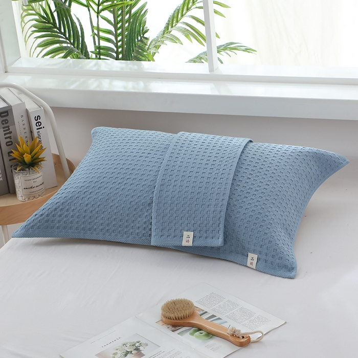 91家纺网 家纺一手货源 找家纺 娇兰毛巾 2025新款7A抗菌全棉华夫格纱布枕巾 蓝色 52cm*82cm/对