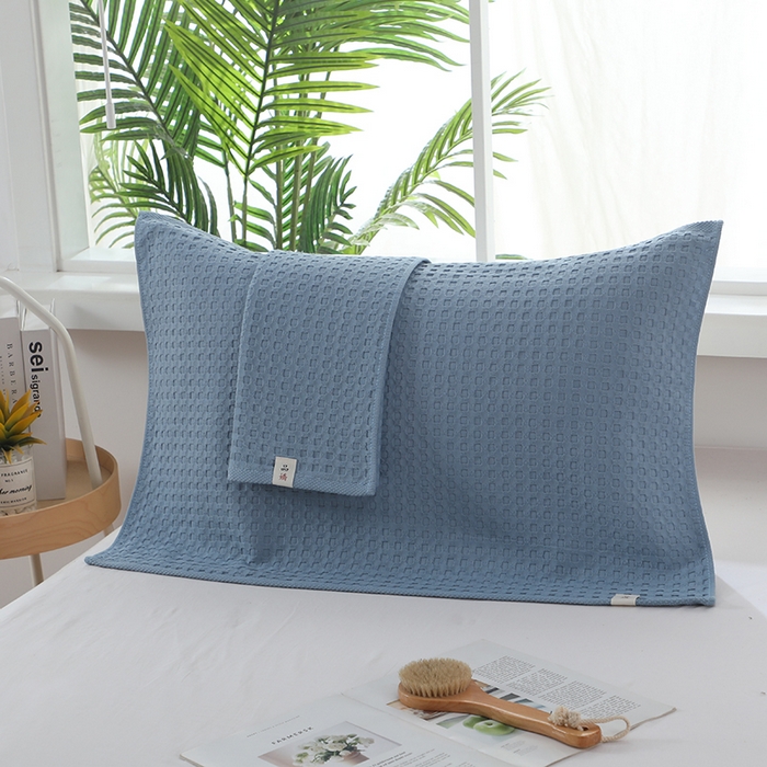 91家纺网 家纺一手货源 找家纺 娇兰毛巾 2025新款7A抗菌全棉华夫格纱布枕巾 蓝色 52cm*82cm/对