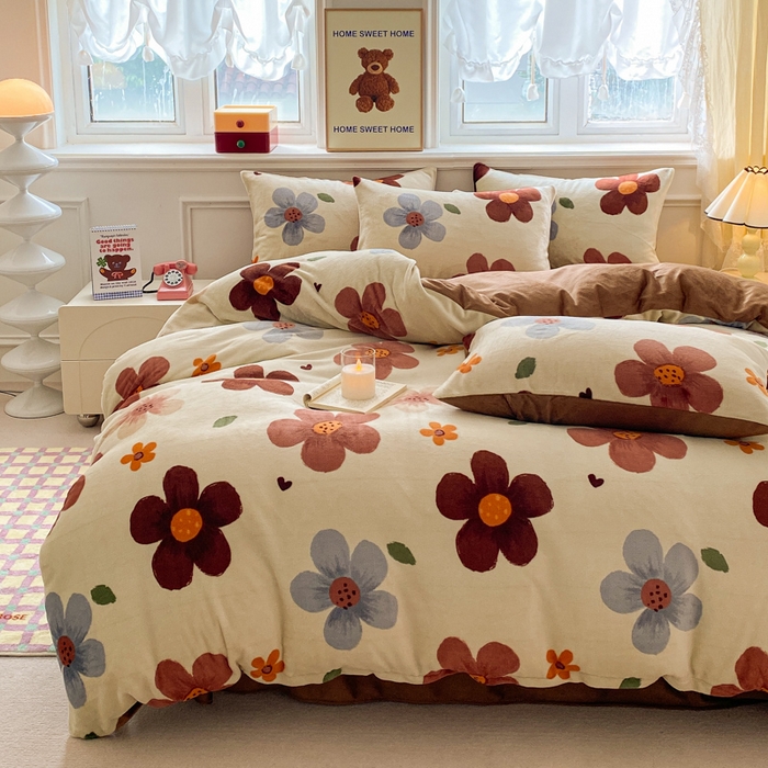 91家纺网 家纺一手货源 找家纺 斯卡诺家纺 2025新款双面牛奶绒跑量款四件套 繁华咖