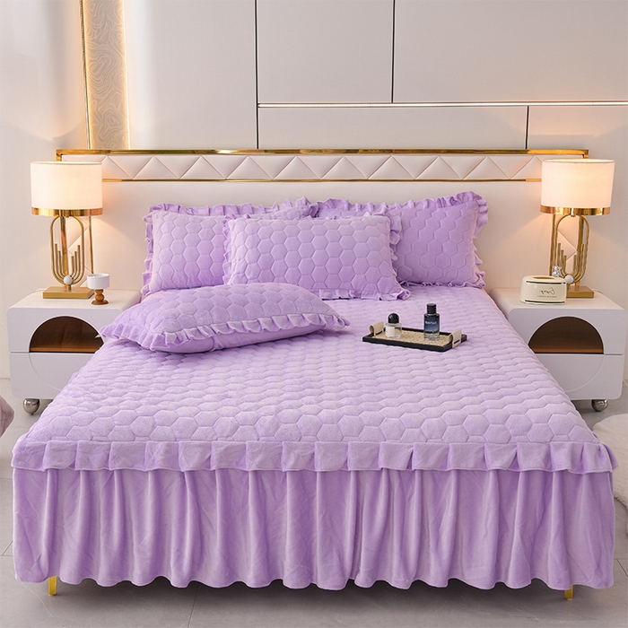 优家居 2025新款纯色韩版花边牛奶绒夹棉床裙床罩加厚外贸直播 盛世-魅紫