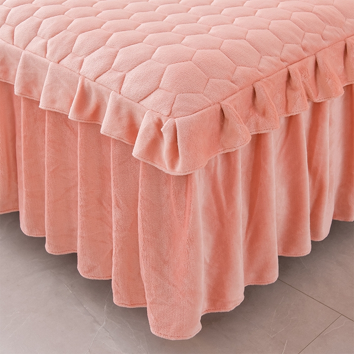 91家纺网 家纺一手货源 找家纺 优家居 2025新款纯色韩版花边牛奶绒夹棉床裙床罩加厚外贸直播 盛世-粉玉