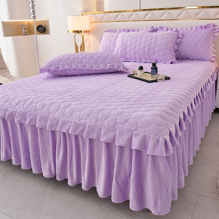 91家纺网 家纺一手货源 找家纺 优家居 2025新款纯色韩版花边牛奶绒夹棉床裙床罩加厚外贸直播 盛世-魅紫