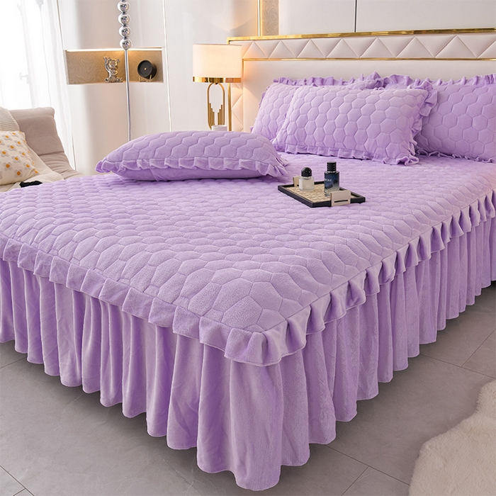 91家纺网 家纺一手货源 找家纺 优家居 2025新款纯色韩版花边牛奶绒夹棉床裙床罩加厚外贸直播 盛世-魅紫