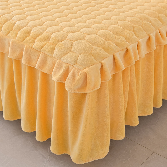 91家纺网 家纺一手货源 找家纺 优家居 2025新款纯色韩版花边牛奶绒夹棉床裙床罩加厚外贸直播 盛世-杏黄