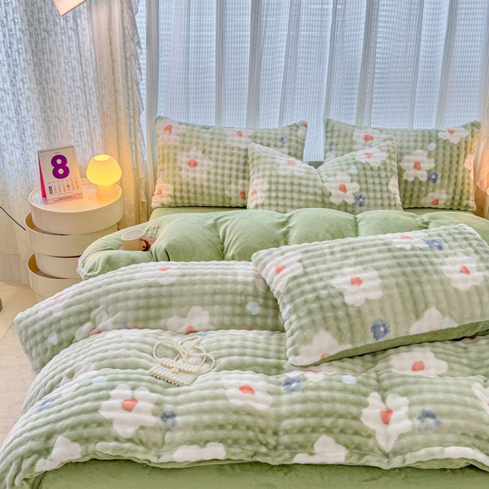 91家纺网 家纺一手货源 找家纺 小叮当家纺仓储工厂店 2025新款印花兔兔绒牛奶绒大泡泡单被套 被套单件 大泡泡-花朵绿