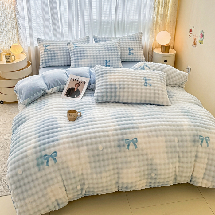 91家纺网 家纺一手货源 找家纺 小叮当家纺仓储工厂店 2025新款印花兔兔绒牛奶绒大泡泡单被套 被套单件 大泡泡-蝴蝶结蓝色