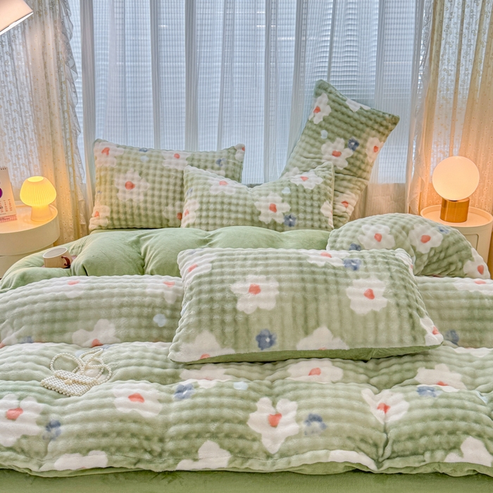91家纺网 家纺一手货源 找家纺 小叮当家纺仓储工厂店 2025新款印花兔兔绒牛奶绒大泡泡单被套 被套单件 大泡泡-花朵绿