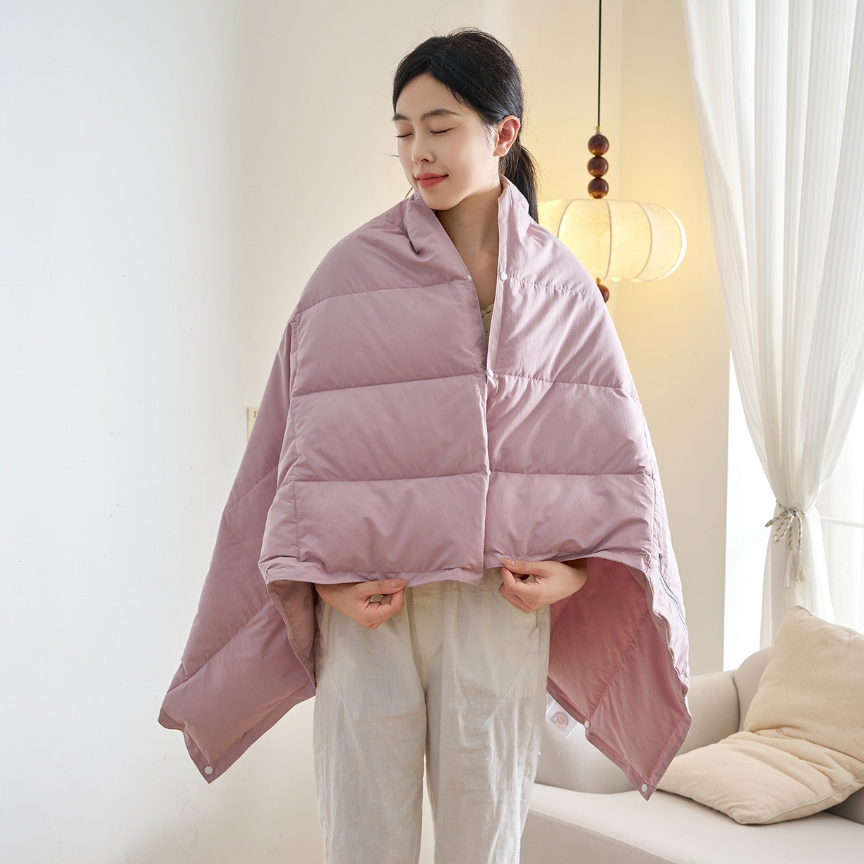 91家纺网 家纺一手货源 找家纺 乐可 2025新款便携多功能鹅绒毯 多功能鹅绒毯-粉