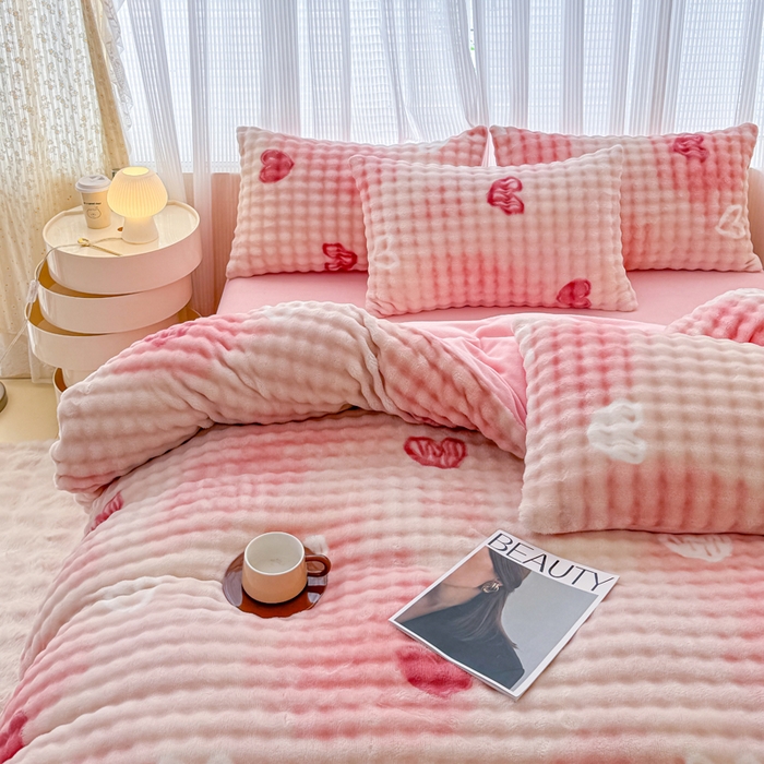 小叮当家纺仓储工厂店 2025新款印花兔兔绒牛奶绒大泡泡单被套 被套单件 大泡泡-爱心粉