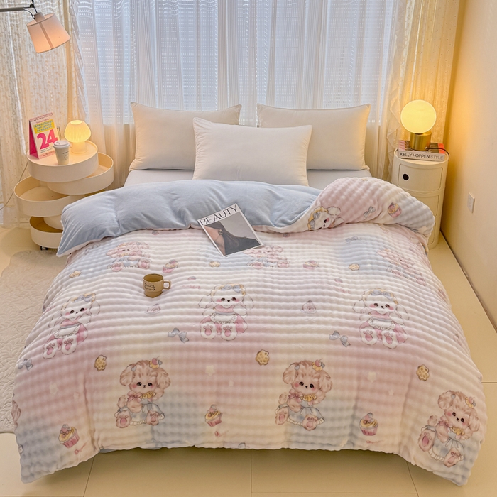 91家纺网 家纺一手货源 找家纺 小叮当家纺仓储工厂店 2025新款印花兔兔绒牛奶绒大泡泡单被套 被套单件 洛丽塔