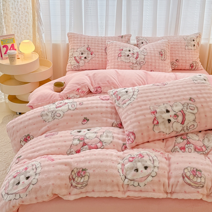 91家纺网 家纺一手货源 找家纺 小叮当家纺仓储工厂店 2025新款印花兔兔绒牛奶绒大泡泡单被套 被套单件 甜心小猫