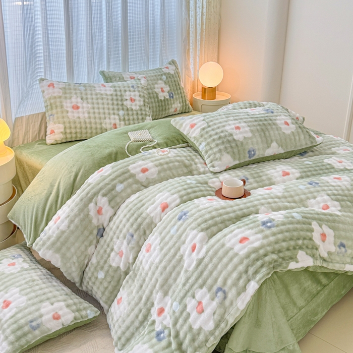 91家纺网 家纺一手货源 找家纺 小叮当家纺仓储工厂店 2025新款印花兔兔绒牛奶绒大泡泡单被套 被套单件 大泡泡-花朵绿